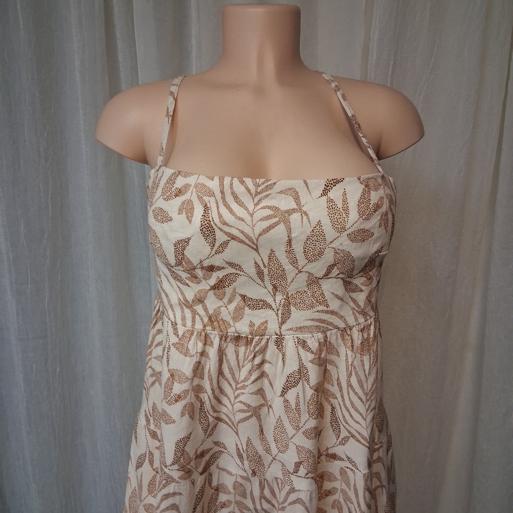 Shore Women Size L Chic Strapless Cream and Brown Leaf Print Dress - Picture 4 of 16